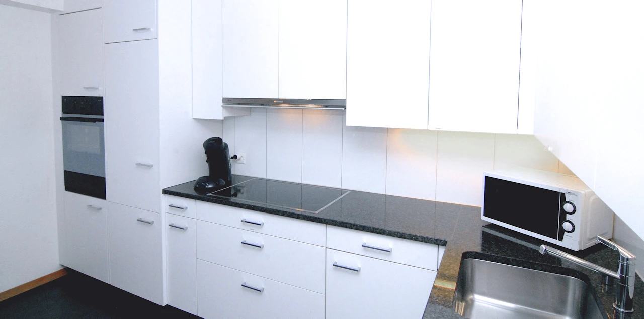 moderne Küche mit Kühlschrak, Mikrowelle und Backofen