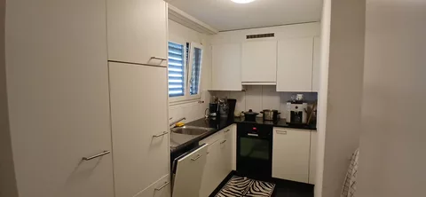 moderne Küche mit Kühlschrank, Mikrowelle und Backofen
