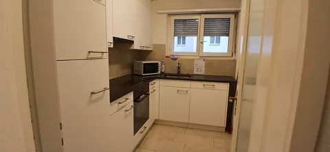 moderne Küche mit Kühlschrank, Mikrowelle und Backofen