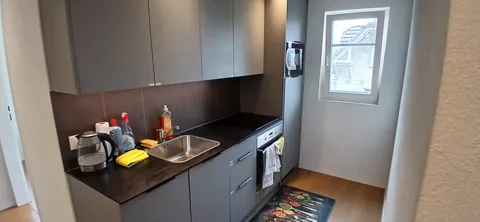 Cuisine moderne avec réfrigérateur, micro-ondes et four